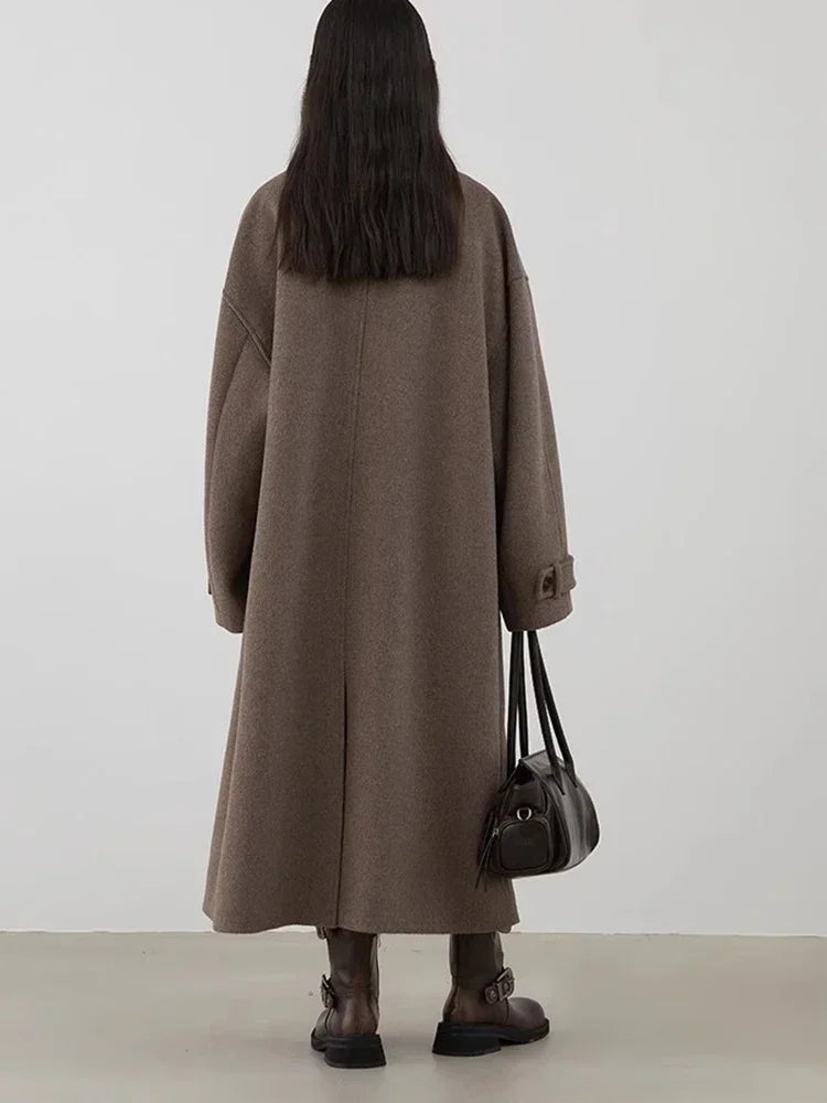Manteau Long en Laine Femme CHIC VEN – Col Montant, Boutons Corne de Vache, Coupe Ample