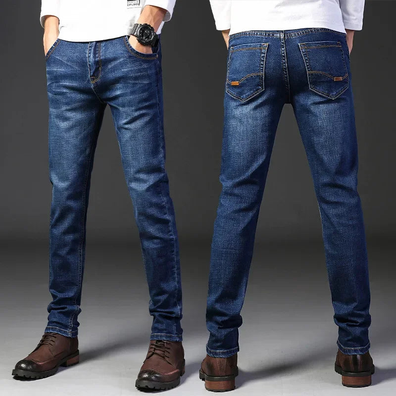 New Men Light Luxury Stretch Slim Fit Pants Comfortable Soft Business Fashion Straight Casual Denim Trousers Male Brand Clothing