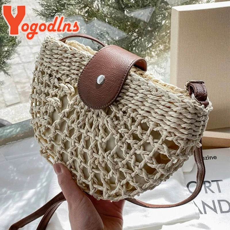 Sac de Plage Femme Yogodlns – Paille Rotin Tressé Fait Main, Forme Demi-Lune, Style Bohème