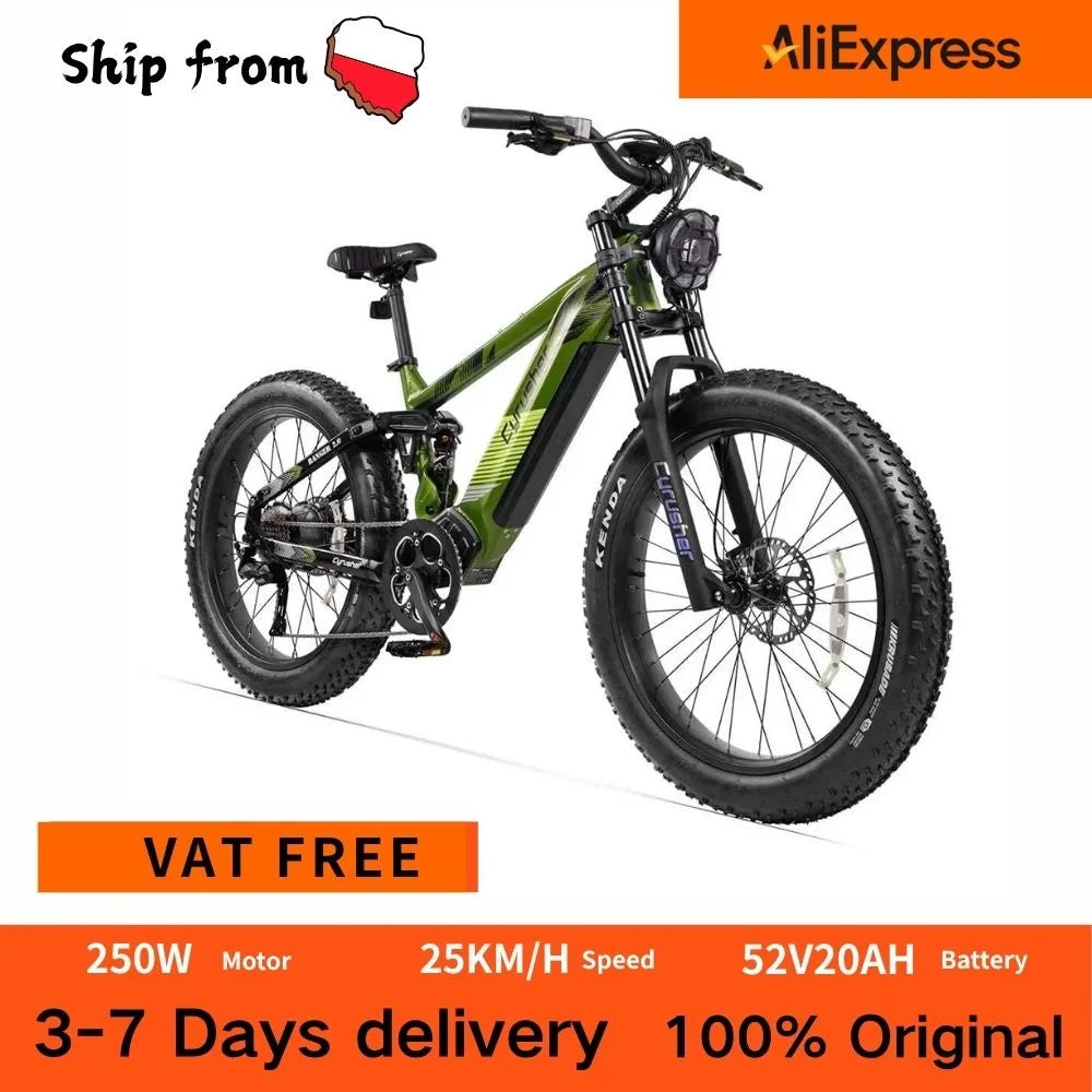 Vélo Électrique Cyrusher Ranger 2.0 – Fat Tire 26", Moteur 250W, Batterie 52V 20Ah, 90 km d'autonomie