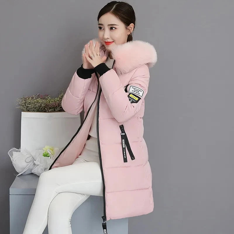 2026 Winter New Korean Cotton Jacket Women's Medium Long Big fur collar Coat Female Cotton Thicken Warm Hooded Parker Overcoat