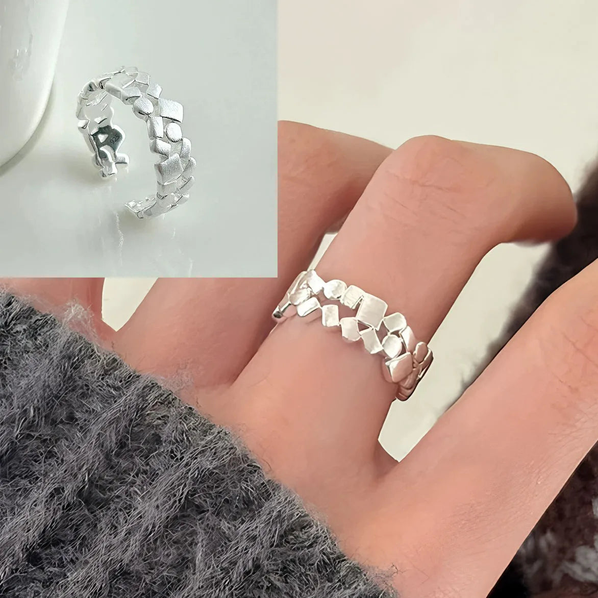 Bague Lotus en Argent Sterling 925 Femme – Texture Rétro & Ajustable | Cadeau Bijou