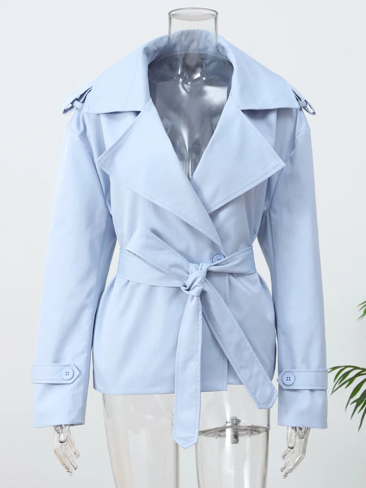 Solid Lace Up Short Windbreaker Women Elegant Full Sleeve Button Loose Chic Trench Coat New Office Lady Daily Commute Outwear