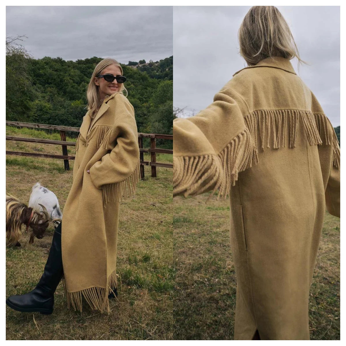 Manteau Long en Laine pour Femme – Élégant, Loose, Bouton Simple avec Franges
