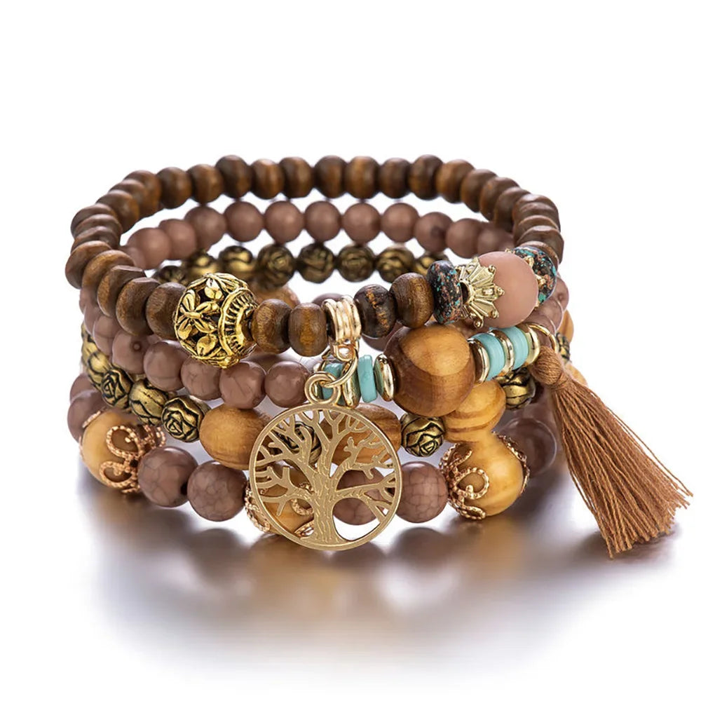 Set Bracelets Femme Bohème Arbre de Vie – Perles Bois & Glands
