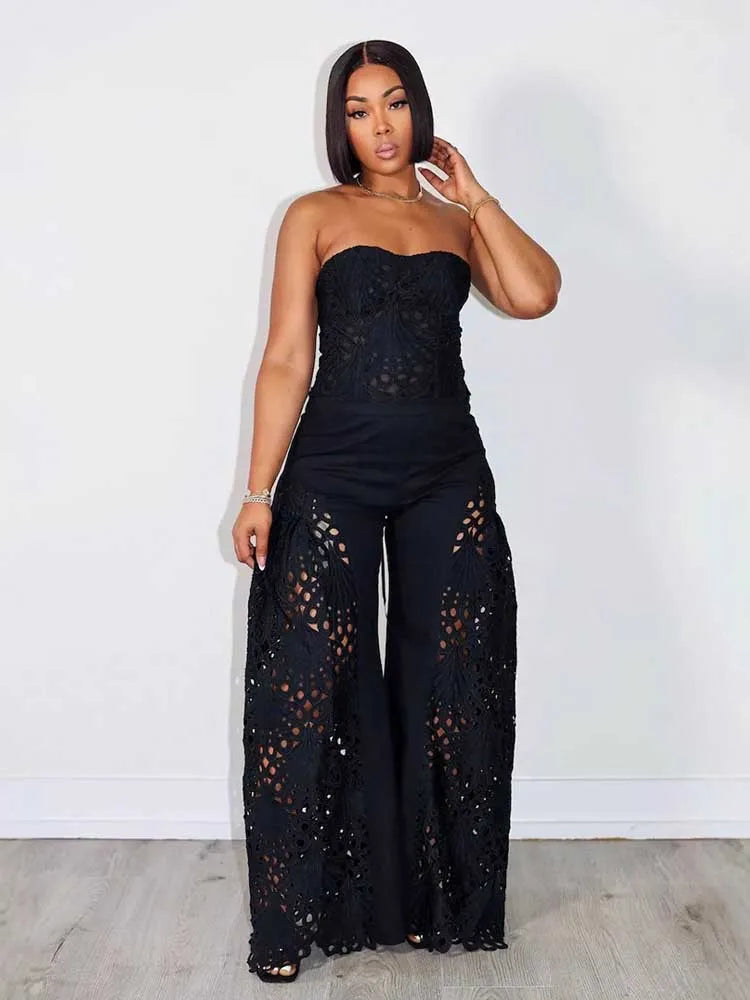 Ensemble Deux Pièces Femme – Top Bustier Dentelle Col V & Pantalon Large Été
