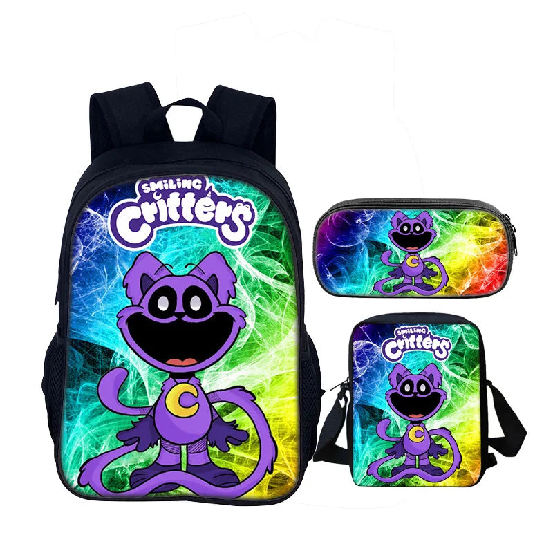 3pcs Set Smiling Critters School Bag 40cm/15.7inch Backpack Shoulder Bag Pencil Case Computer Book Bags for Boys Girls Best Gift