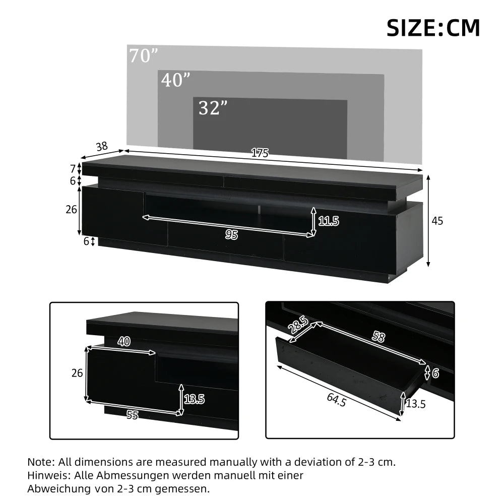 Meuble TV Haute Brillance LED 175x38x45 cm – 2 Armoires + 1 Tiroir | TV 75" | Noir ou Blanc | Salon