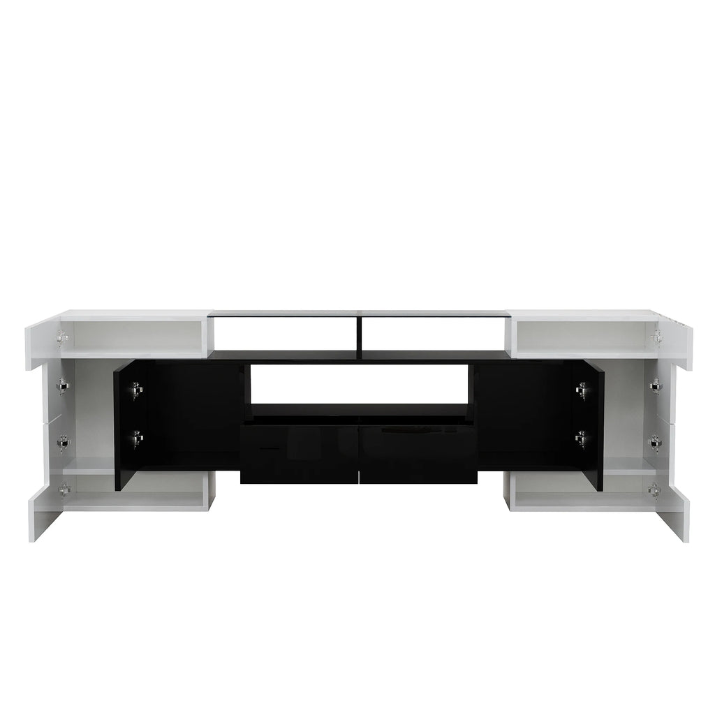 Meuble TV 200x35x60 cm Blanc Haute Brillance – Surface Verre | LED | 60 kg | Design Moderne | Salon