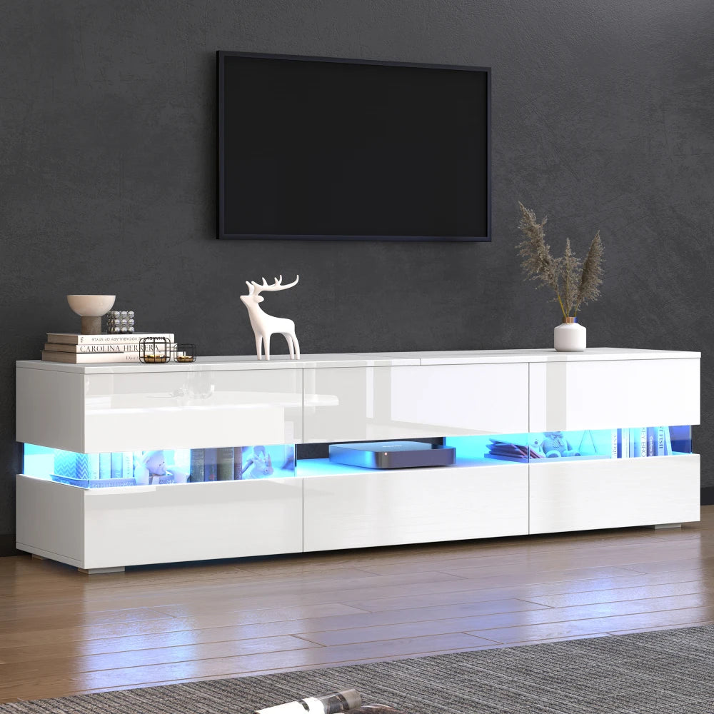 Armoire TV Haute Brillance 160x39x45 cm – LED | 2 Portes Acrylique | 1 Tiroir | TV 70" | Blanc ou Noir