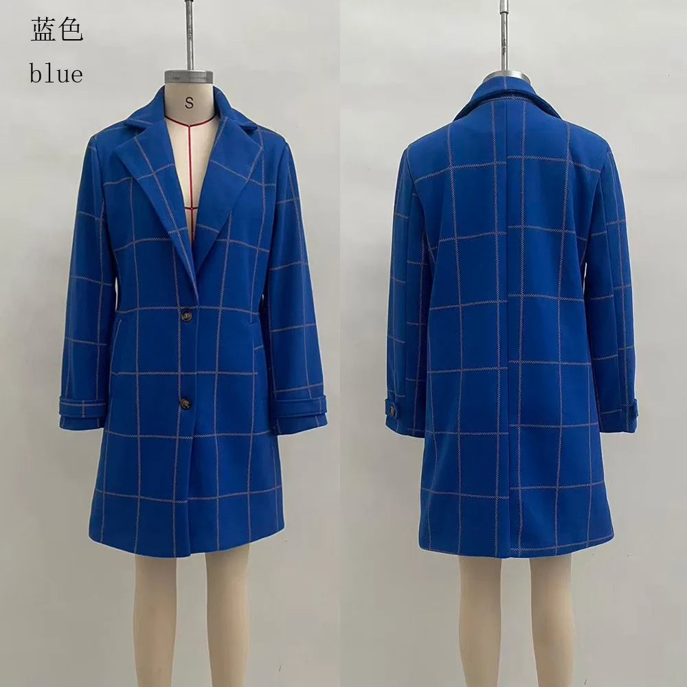 Manteau Mi-Long Femme À Carreaux – Mélange Laine, Coupe Ample, Poches | Hiver