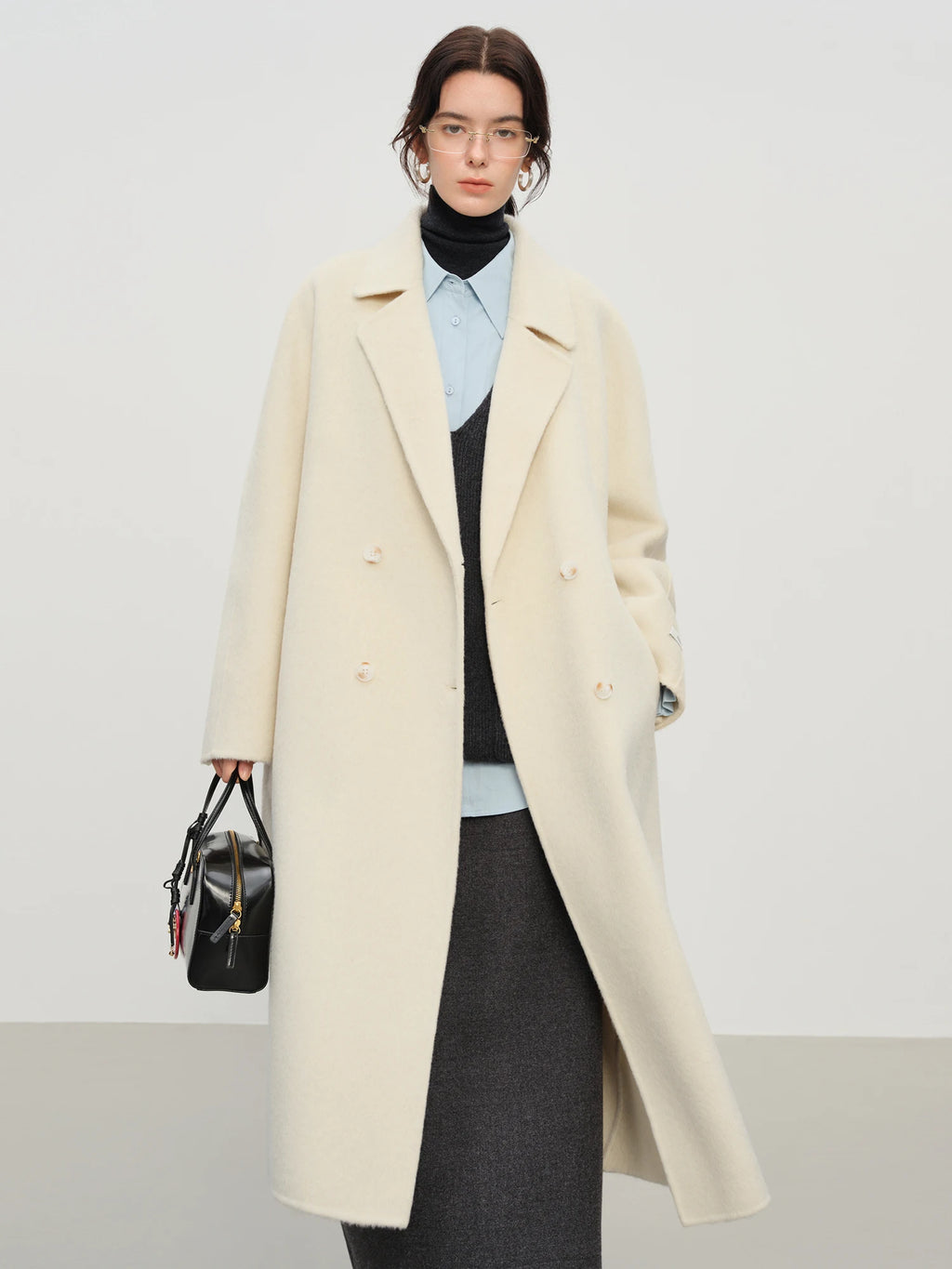 FSLE – Manteau Long Femme Double Face Laine & Poil de Chameau, Coupe Élégante, Hiver 2025