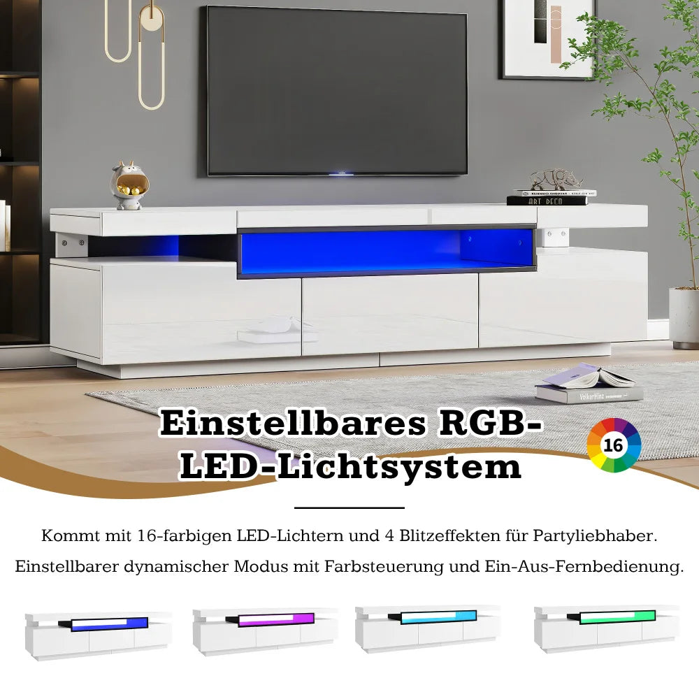 Meuble TV Haute Brillance 160x39x42 cm – Éclairage LED 16 Couleurs | 3 Tiroirs | Pour TV 70"