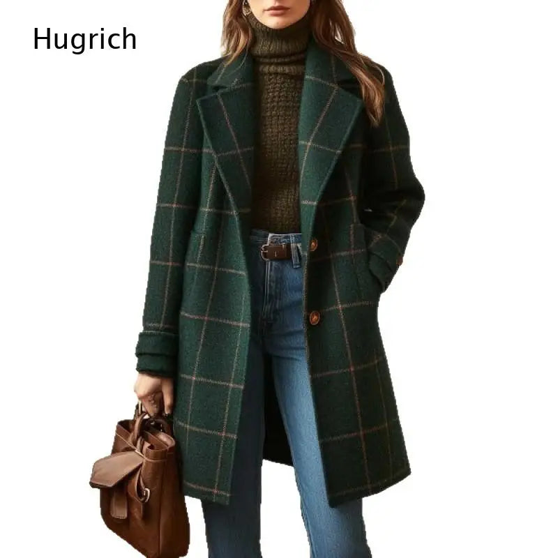 Manteau Mi-Long Femme À Carreaux – Mélange Laine, Coupe Ample, Poches | Hiver