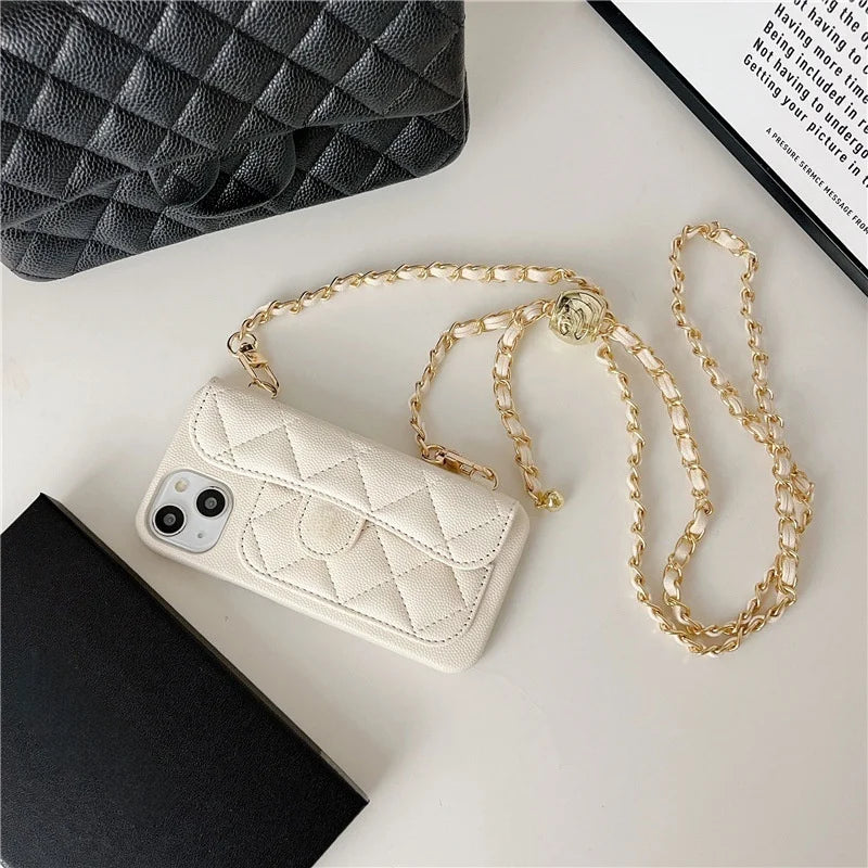 Coque iPhone Cuir PU Texture Litchi – Portefeuille, Bandoulière & Porte-Carte