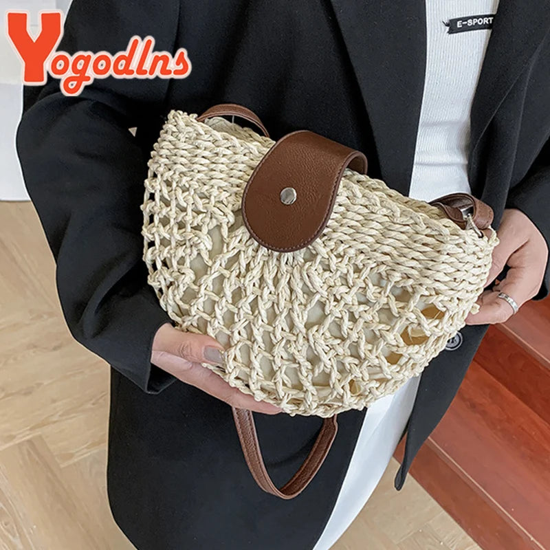 Sac de Plage Femme Yogodlns – Paille Rotin Tressé Fait Main, Forme Demi-Lune, Style Bohème