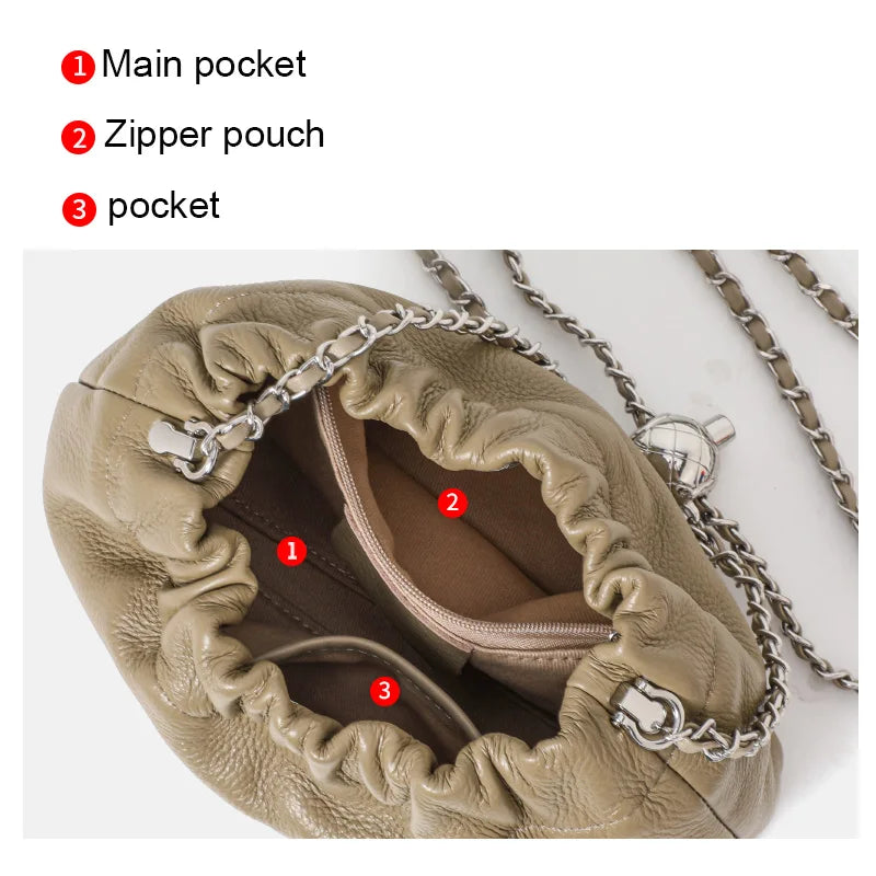 Lightweight Litchi Texture Genuine Cow Leather Cloud Bag Women Drawstring Ruched Design Metal Chain Crossbody Mini Purse