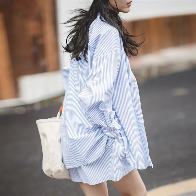 Ensemble Chemise & Short Rayé Bleu Blanc – Tailleur Décontracté Casual Été Femme