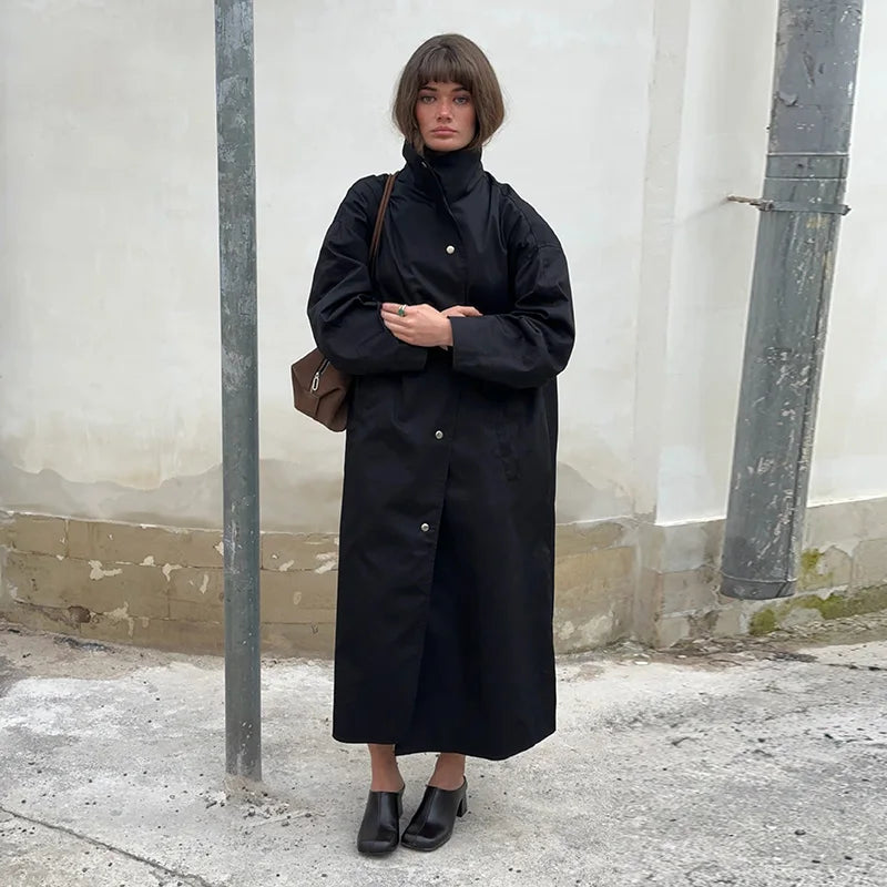 Trench Coat Femme Col Montant – Bouton Métal | Épaules Tombantes | Poches | Long | Casual | S-M-L