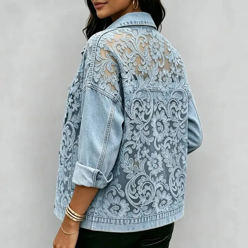 Veste en Jean Dentelle Transparente Femme – Loose | Bouton | Manches Longues | Streetwear | Bleu | S-XXXL