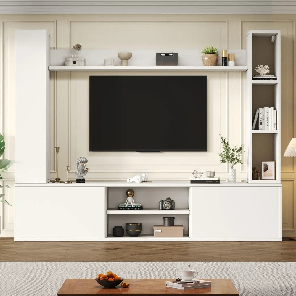 Ensemble Mural TV 4 Pièces 180x35x33,5 cm – Meuble TV + 2 Vitrines + Étagère | Blanc | Salon
