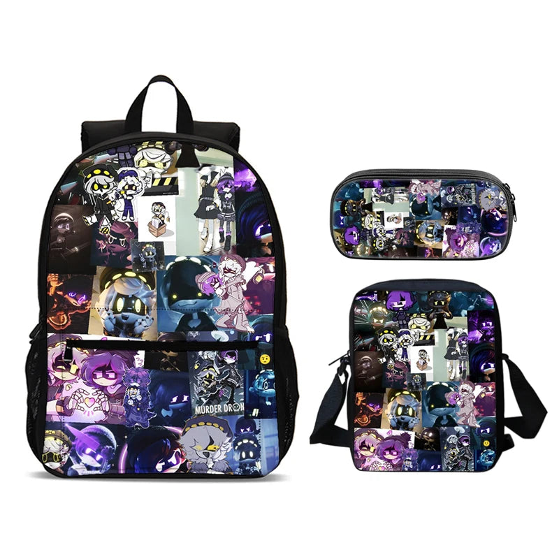 Murder Drones 3pcs Set Backpack 47cm/18.5inch Large Capacity Backpack Shoulder Bag Pencil Case Book Bags for Boys Girl Best Gift