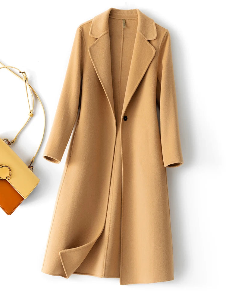 Fashionable Simple Women's Coat Autumn and Winter New One Button 100% Pure Wool Reversible Woolen Coat Long Wild Women's Top