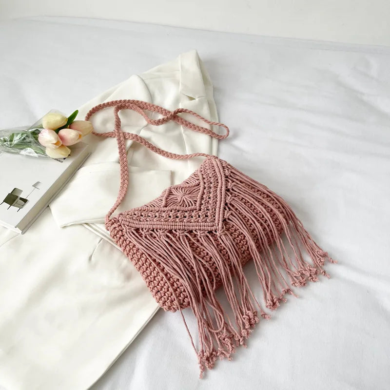 Handmade Cotton Woven Knitted Tassel Crossbody Bag Vintage Shoulder Messenger Bag Female Fashion Beach Summer Handbags 2023 bag