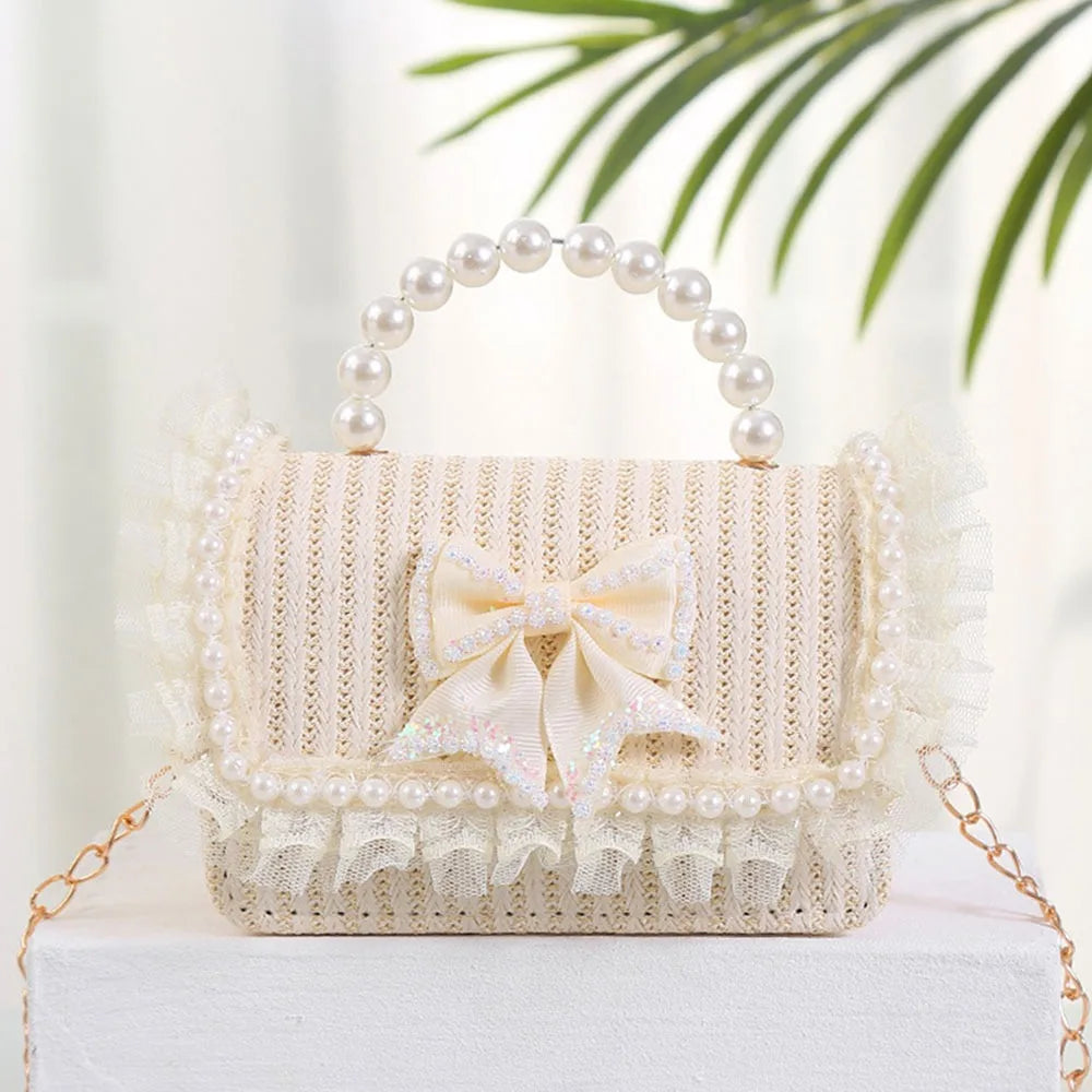 Summer Simple Straw Bag Pearl Bowknot Messenger Bag Fashion Holiday Crossbody Bag Women