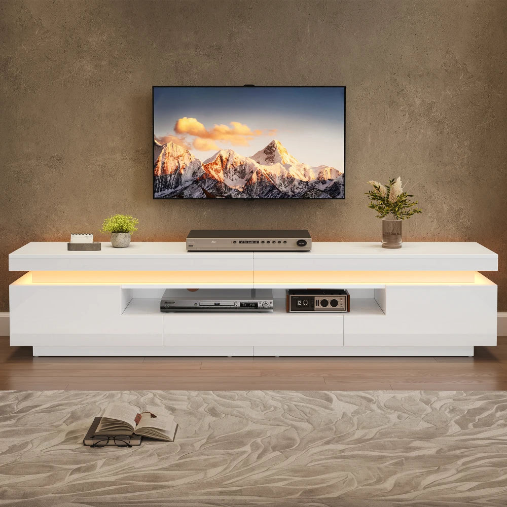 Meuble TV Haute Brillance LED 175x38x45 cm – 2 Armoires + 1 Tiroir | TV 75" | Noir ou Blanc | Salon