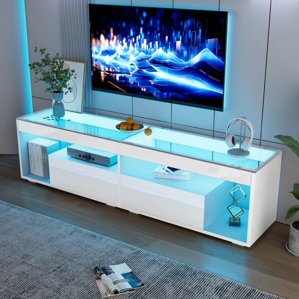 Meuble TV LED Haute Brillance 180x40x46 cm – Verre Trempé | 2 Tiroirs | TV 70" | Blanc ou Noir