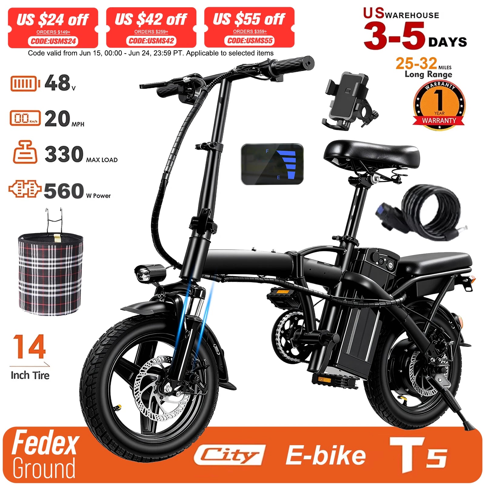 Adult Electric Bike,560W Motor,20MPH,48V Removable Battery,14inch Folding Electric Bike,Maximum 32 Miles,1Year Warranty Ebike