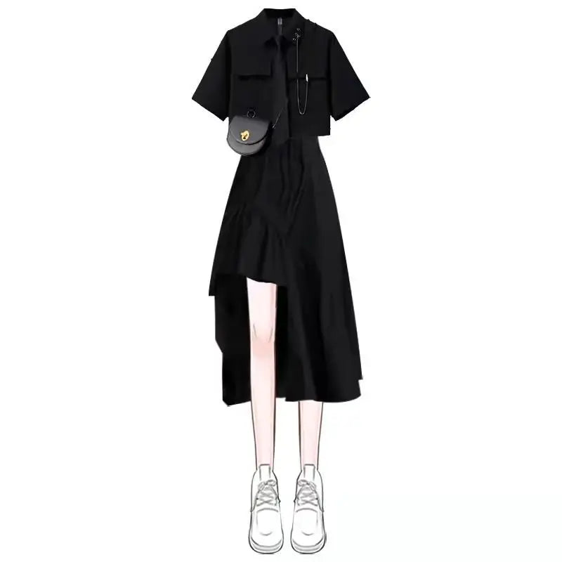 2026 Women's Summer New In Fashion Irregular Dress Matching Set Korean Elegant Short Sleeve Shirt+Strap Skirt Two Piece Suit