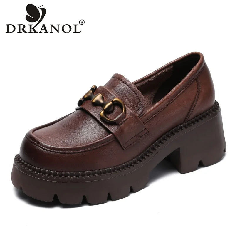Escarpins Mocassins Femme Talon Carré Épais – Cuir Véritable, Bout Rond, Printemps/Automne