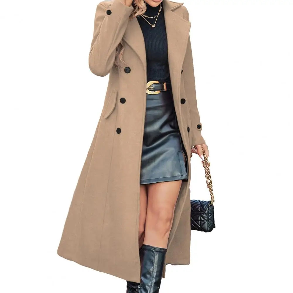 Manteau Long en Laine Femme – Double Boutonnage à Col Cranté, Coupe Cintrée Hiver