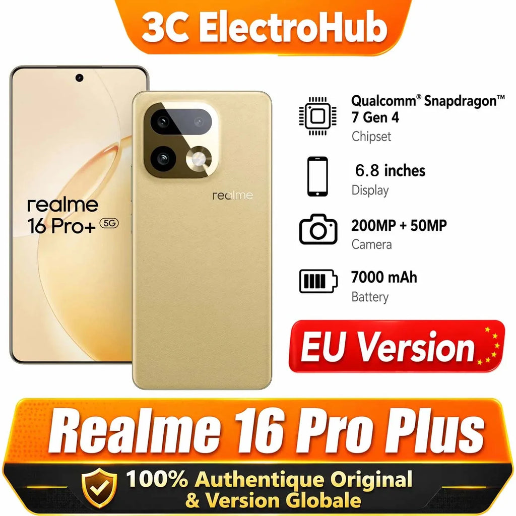 [EU Version] Realme 16 Pro Plus 5G Smartphone, 12+512 GB, Gray, 144Hz AMOLED, 7,000 mAh, 80 W SuperVOOC, 50+200 MP, Snapdragon 7 Gen 4, L