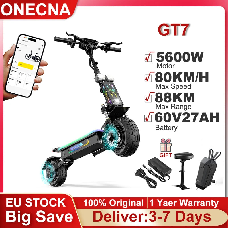 Trottinette Électrique Tout-Terrain ONECNA GT7 – 5600W, 80 km/h, 88 km d’autonomie