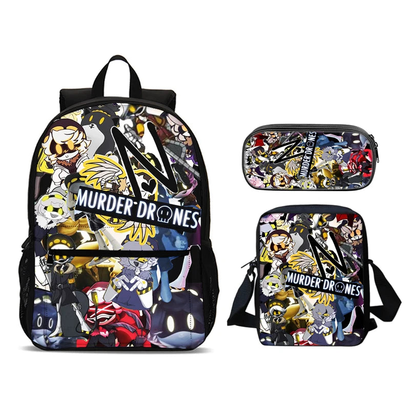 Murder Drones 3pcs Set Backpack 47cm/18.5inch Large Capacity Backpack Shoulder Bag Pencil Case Book Bags for Boys Girl Best Gift