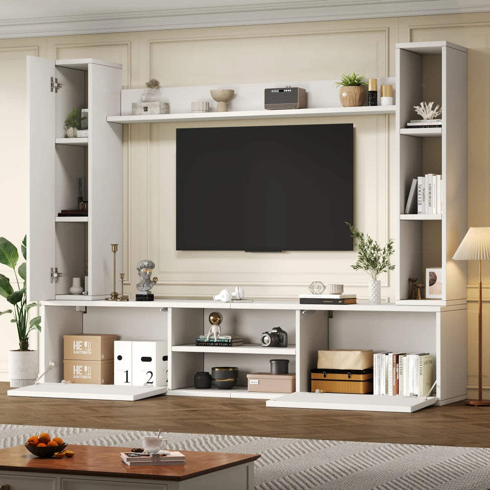 Ensemble Mural TV 4 Pièces 180x35x33,5 cm – Meuble TV + 2 Vitrines + Étagère | Blanc | Salon
