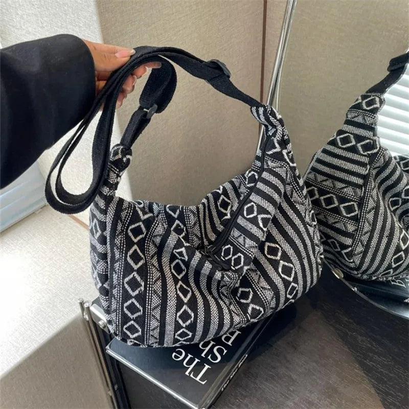Tribal Style Shoulder Bag, Foldable Crossbody with Zipper Closure, Striped Pattern, Flag Theme Hand Washable Edge Painted Lining