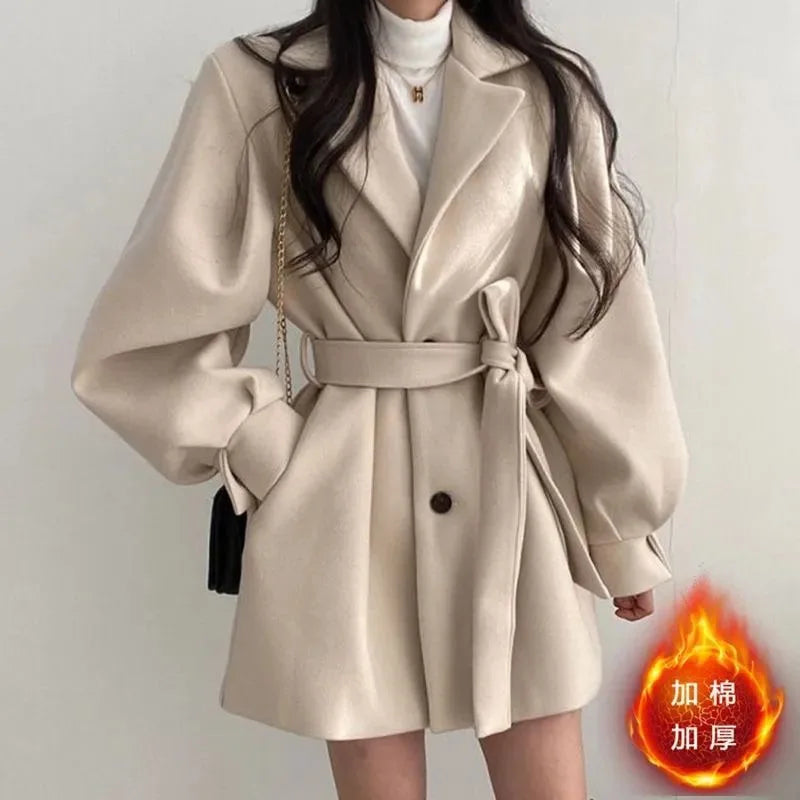 Manteau en Laine Femme – Veste Chic Manches Ballon, Col Tailleur & Laçage Vintage