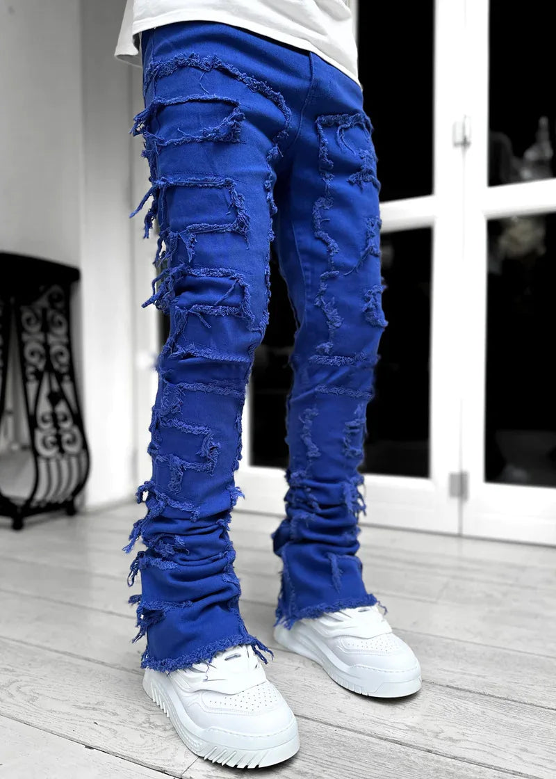 Jean Slim Stacked Homme Ripped Distressed Hip-Hop Streetwear 9 Coloris S-XXL