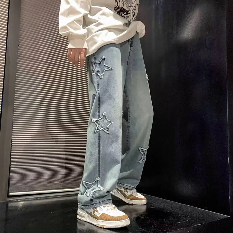 Men's Loose Straight Jeans with Star Embroidery Y2K Gothic Streetwear 2 Colors | Asia S-3XL