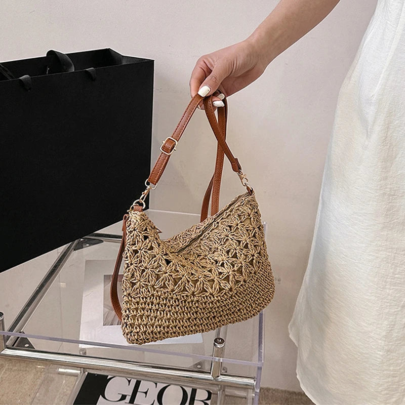 Straw Crossbody Bags for Women Summer Woven Shoulder Bag Purse Raffia Beach Wristlet Crochet Handbag Purse for Women