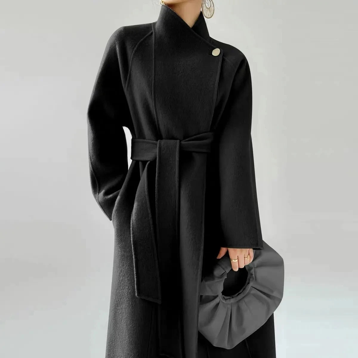 Manteau long en laine à col officier pour femme – Ceinture à nouer