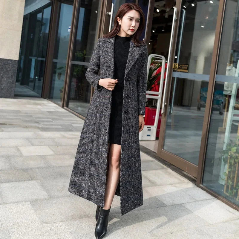 Manteau Long Femme Style Coréen – Laine Épaisse, Coupe Slim, Carreaux, Longueur Genou