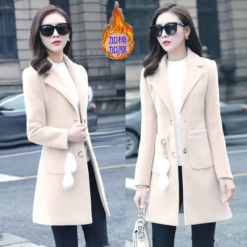 Manteau Long en Laine Femme – Col Tailleur, Coupe Ajustée, Style Automne-Hiver