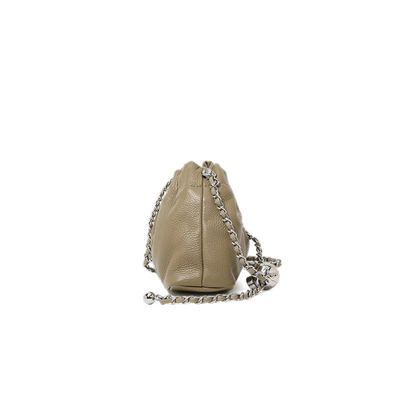 Lightweight Litchi Texture Genuine Cow Leather Cloud Bag Women Drawstring Ruched Design Metal Chain Crossbody Mini Purse