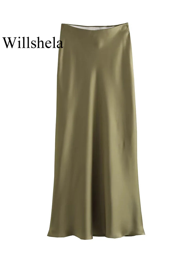 Willshela 2024 Schwarzer Satinrock Damen Hohe Taille Elegante Lange Röcke Für Frauen Mode Sommer Midirock Büro Damenröcke