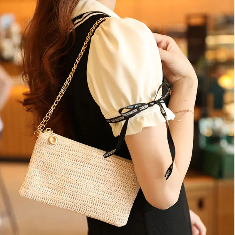 Summer Casual Chain Strap Crossbody Bags For Daily Used, Simple Design Straw Shoulder Bag For Women, Ladies Handbags Day Clutch